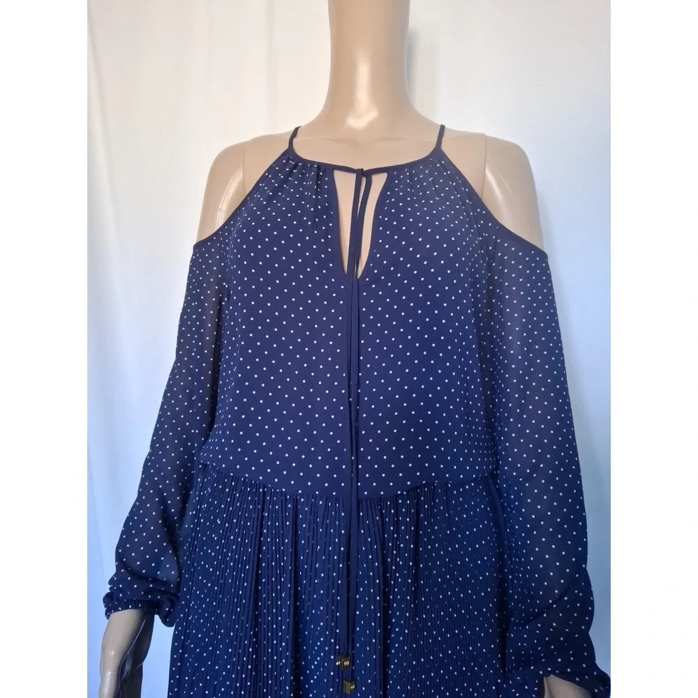 Michael Kors Womens Blue Cold Shoulder Sleeve Tie Neck Polka Dot Dress Size XS